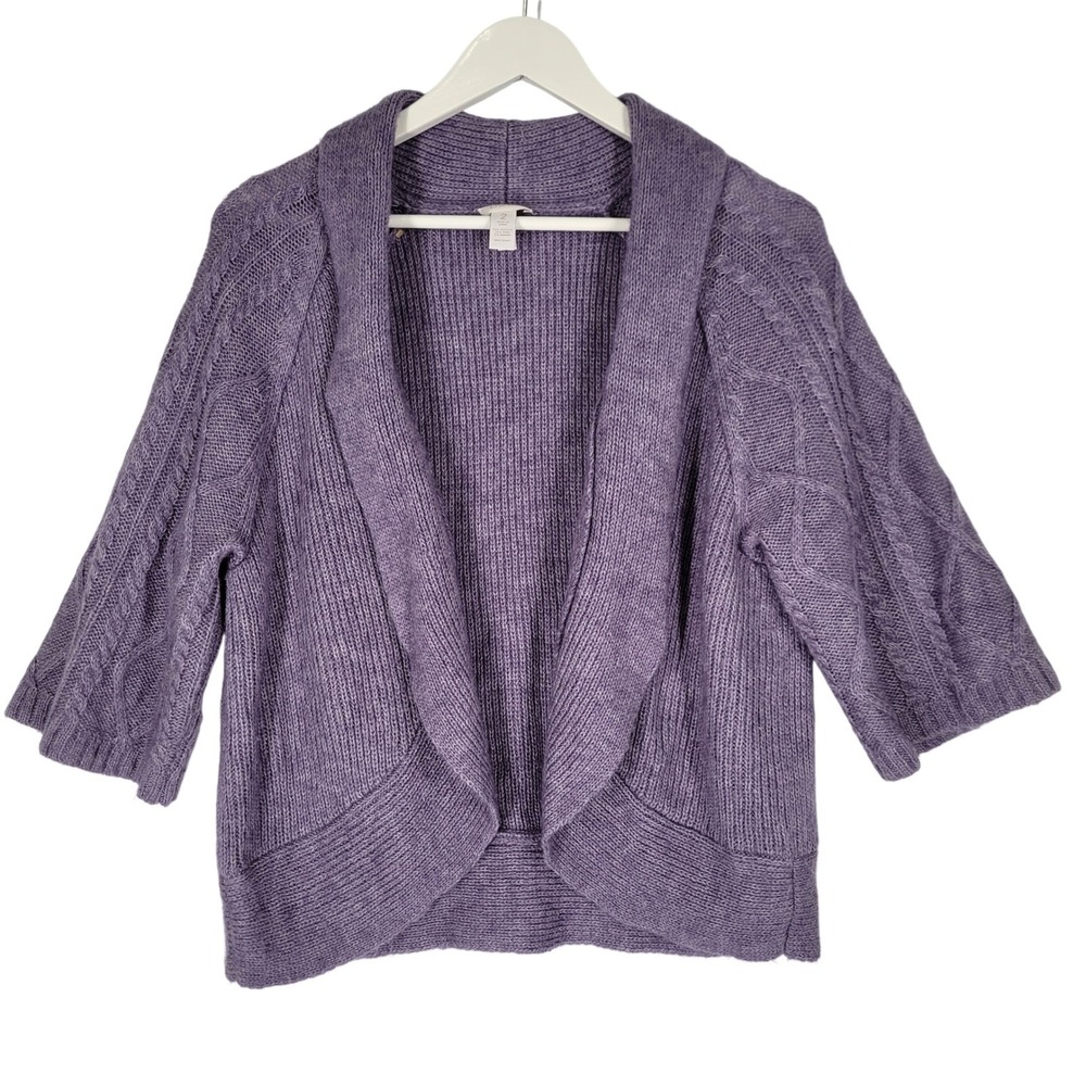 Chicos Purple Cable Knit Open Front Cardigan Sweater Bolero 3/4 Sleeve Size 2
